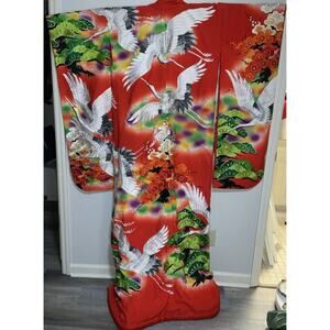 VTG VINTAGE JAPANESE UCHIKAKE RED WEDDING CRANE SILK KIMONO